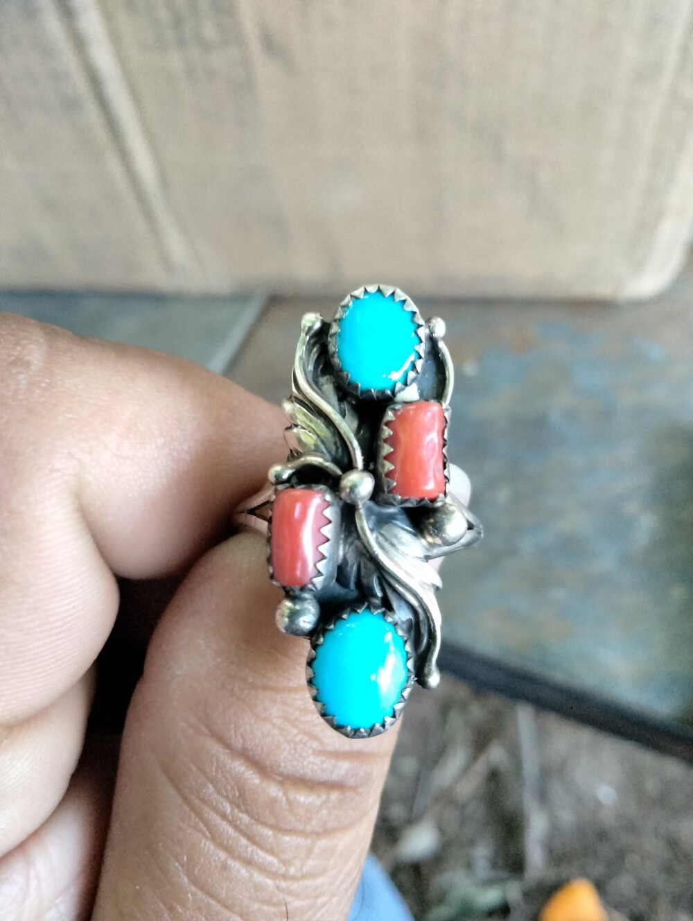 Native American Sterling Signed L H Coral Turquoise Ring Size 9.5